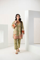 DC-2266 GREEN 2PCS  EMBROIDERED KURTA WITH TROUSER